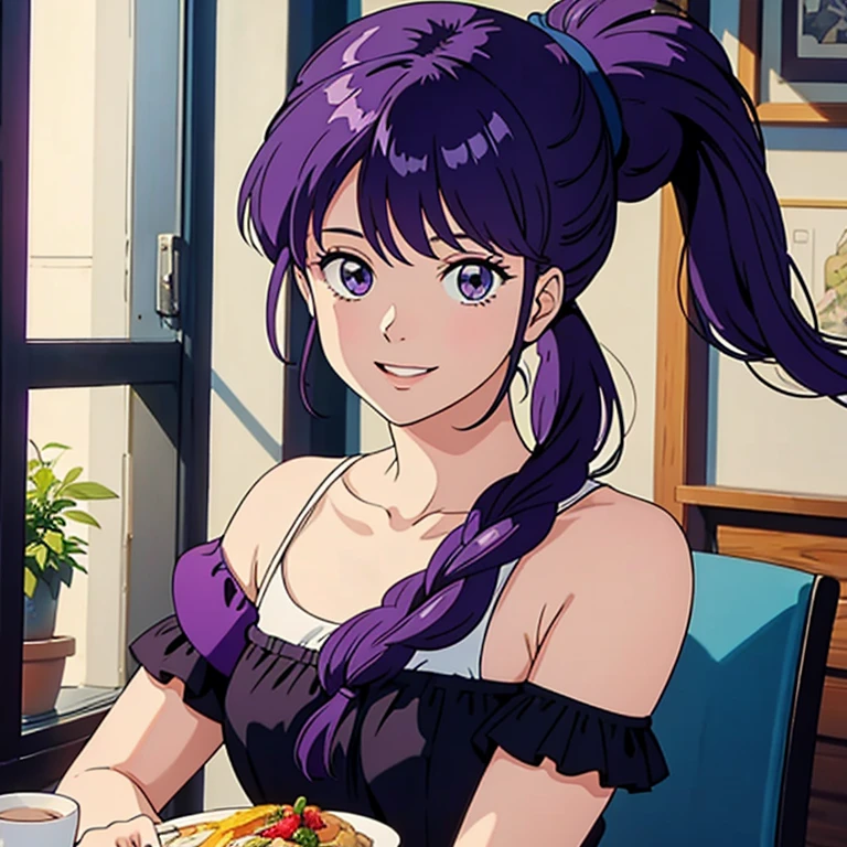 masterpiece, best quality,  <lora:tulip-nvwls-v1-000009:0.9> pkmnlip, brown eyes, dark skin, lipstick, earring, purple dress, short sleeves, cleavage, sitting, chair, garden, night, tea, table, cake