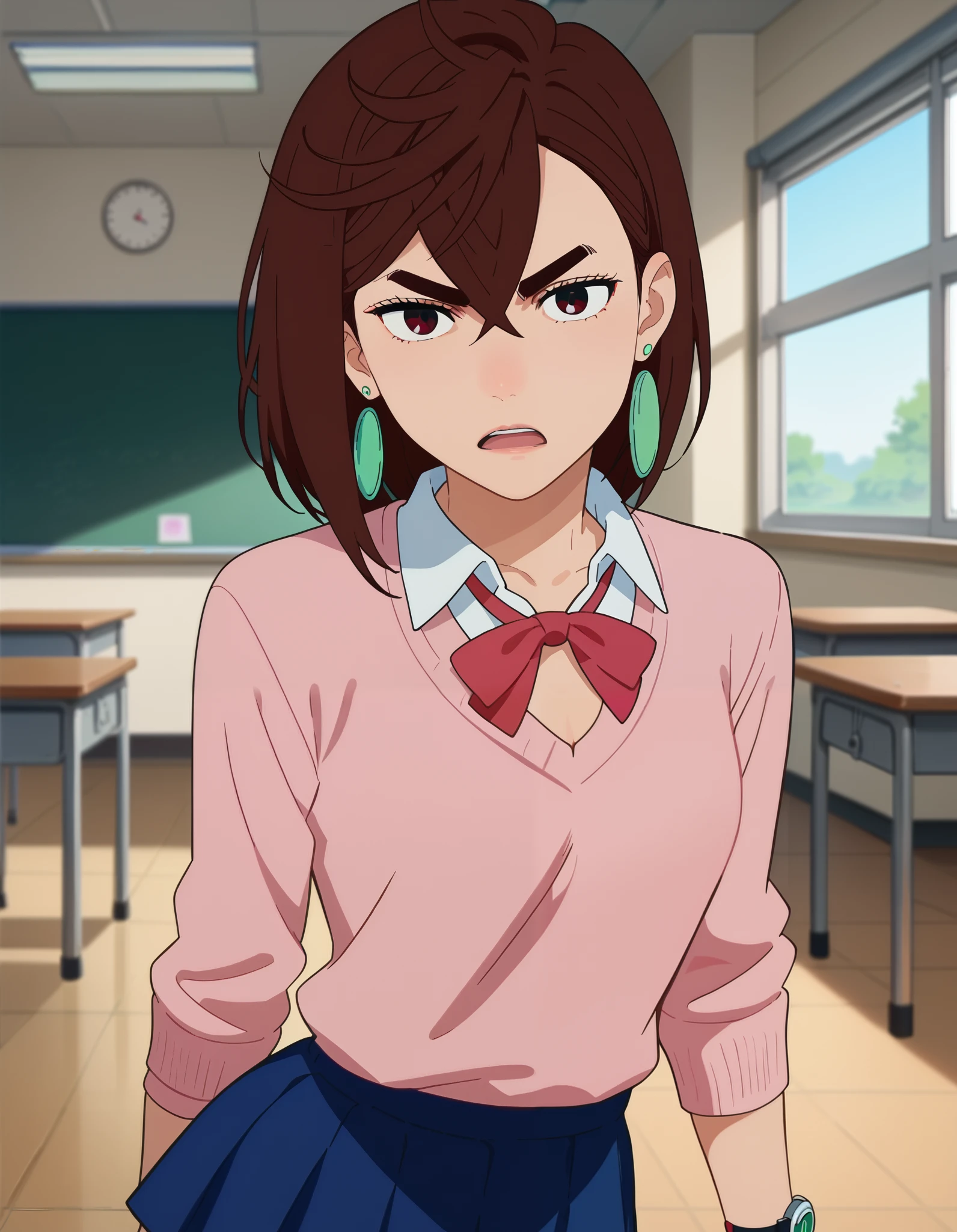  score_9,  score_8_up,  score_7_up, Anime screencap,  source_Anime,  1 girl, Alone,
KYOMOMO,  brown hair, Dark Eyes,  medium hair up to buttocks,  hair between eyes ,  thick eyebrows,  earrings for a woman alone, 
  white collared shirt  ,  pink pullover too big,  Long Sleeve , Red Ribbon,  Blue Short Skirts, untucked shirt, 
Arms at your sides, Serious, (( Watch viewers)),  open mouth, 
classroom, Daytime,
(beautiful,  medium chest :1.2), Alone