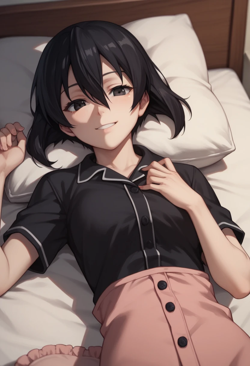 1girl,solo,kurome, short hair, black hair, black eyes, hair between eyes,smile,Wear pajamas,lying on back, on bed ,in the room 