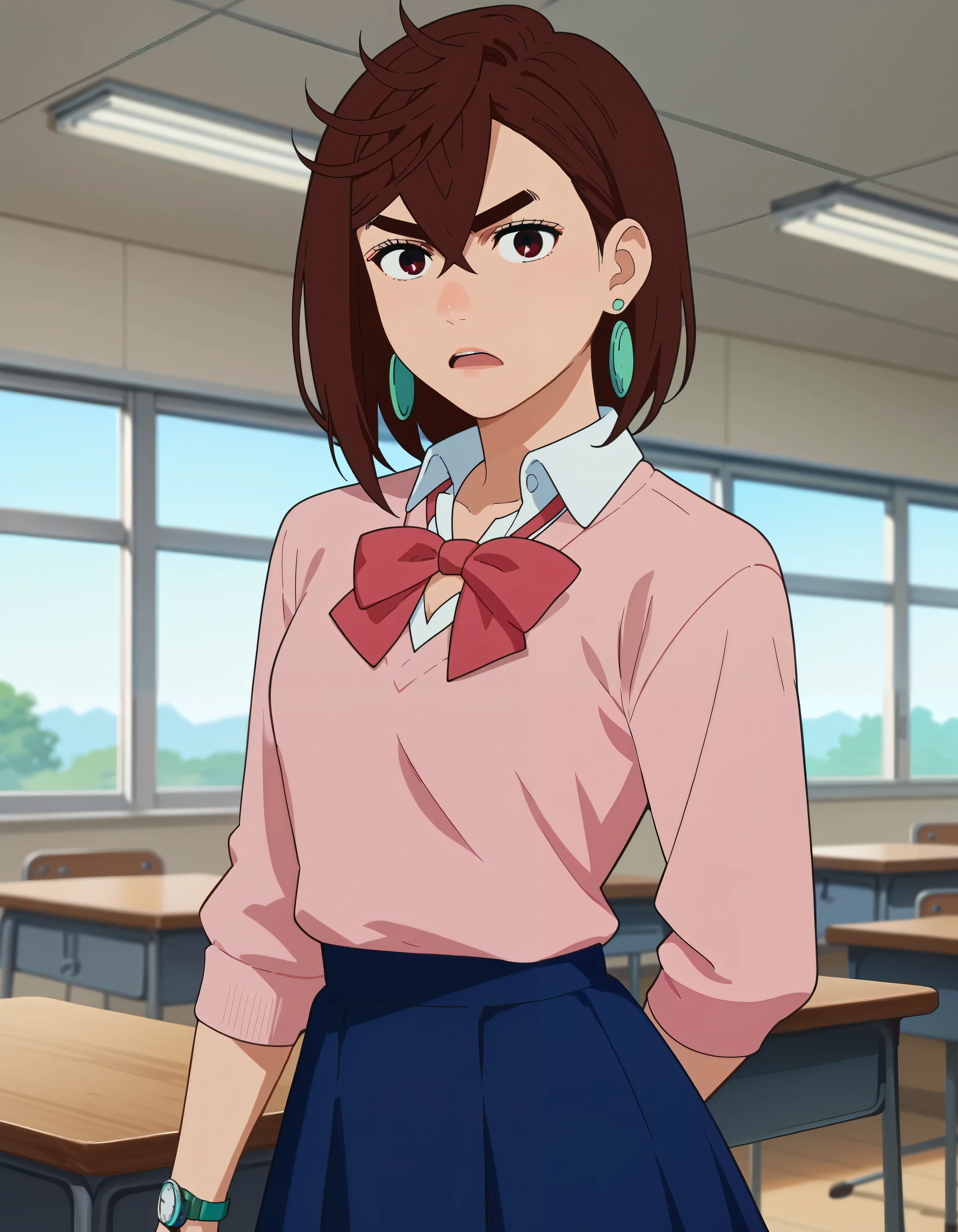  score_9,  score_8_up,  score_7_up, Anime screencap,  source_Anime,  1 girl, Alone,
KYOMOMO,  brown hair, Dark Eyes,  medium hair up to buttocks,  hair between eyes ,  thick eyebrows,  earrings for a woman alone, 
  white collared shirt  ,  pink pullover too big,  Long Sleeve , Red Ribbon,  Blue Short Skirts, untucked shirt, 
Arms at your sides, Serious, (( Watch viewers)),  open mouth, 
classroom, Daytime,
(beautiful,  medium chest :1.2), Alone