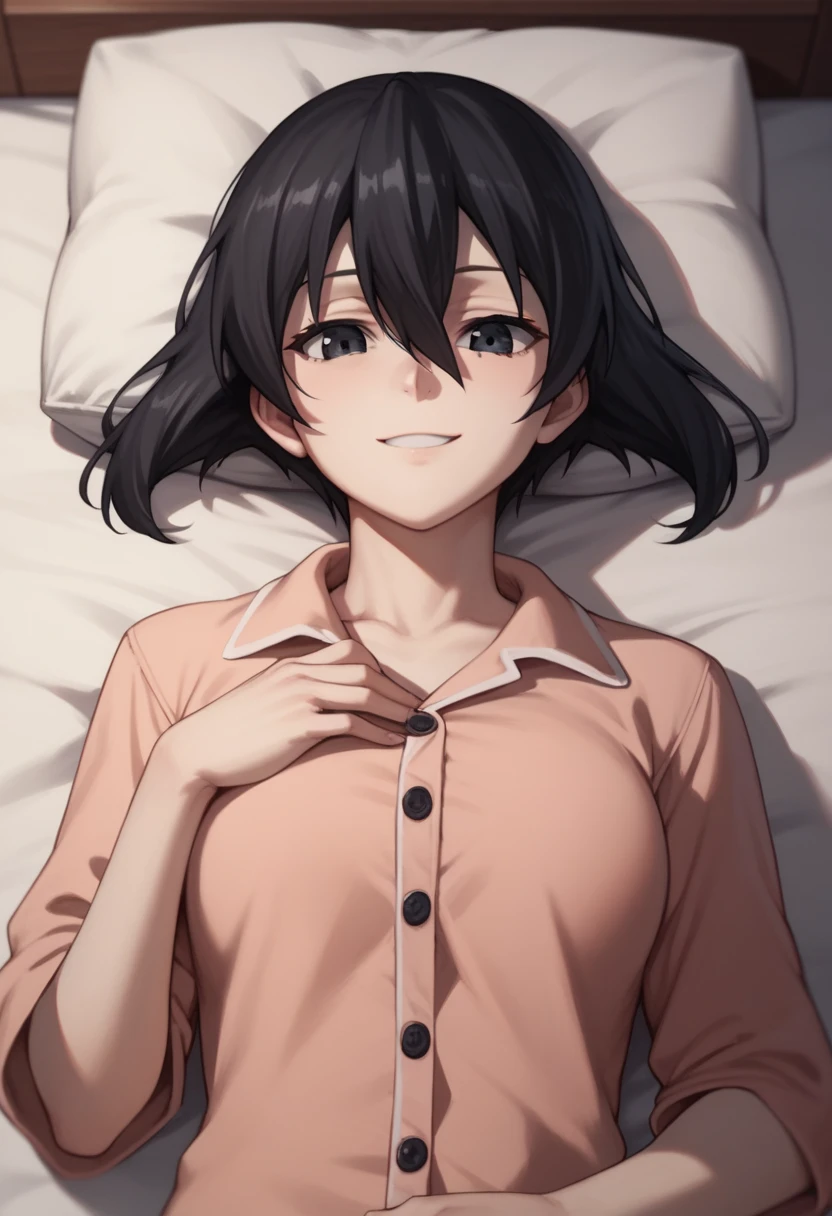 1girl,solo,kurome, short hair, black hair, black eyes, hair between eyes,smile,Wear pajamas,lying on back, on bed ,in the room 