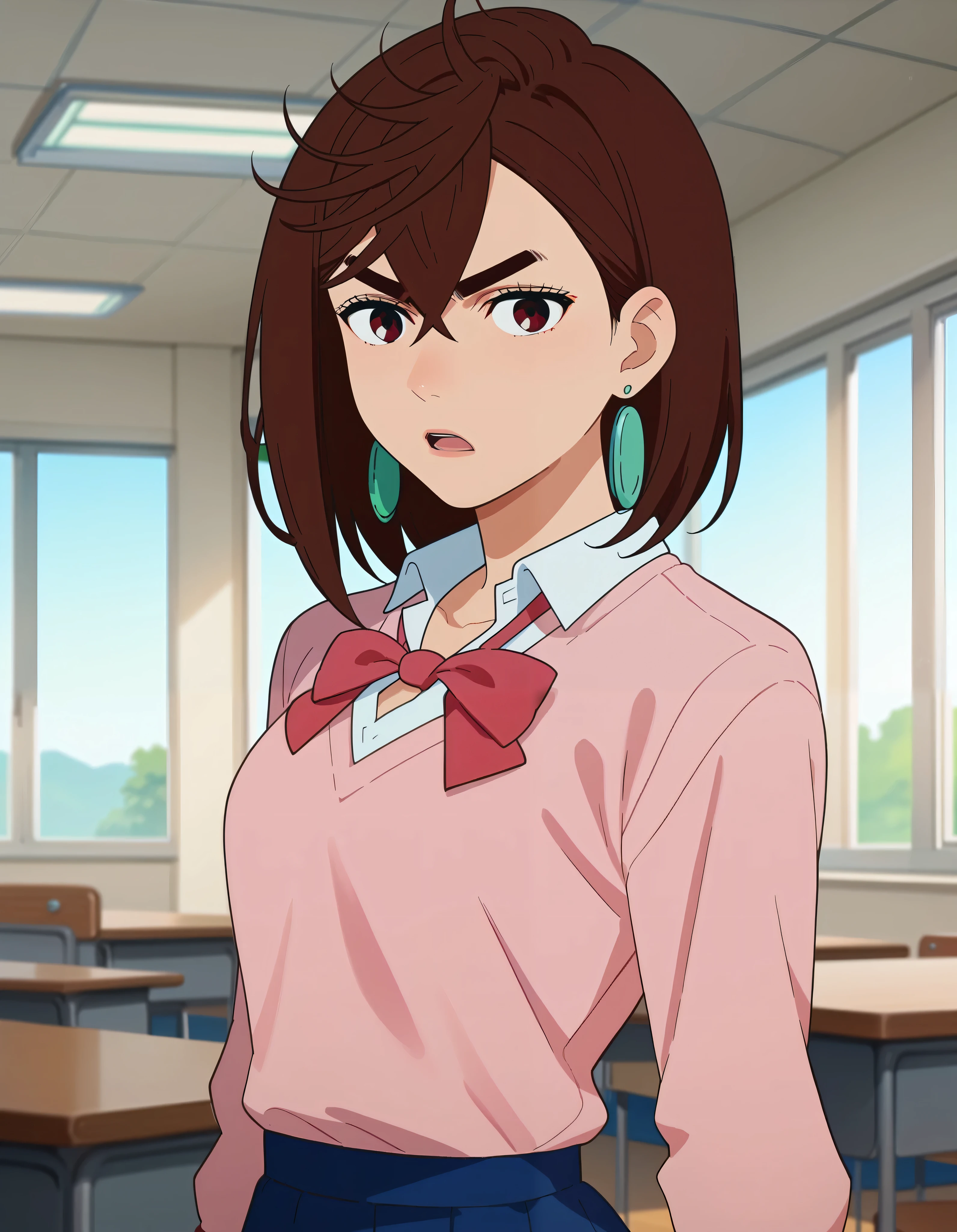  score_9,  score_8_up,  score_7_up, Anime screencap,  source_Anime,  1 girl, Alone,
KYOMOMO,  brown hair, Dark Eyes,  medium hair up to buttocks,  hair between eyes ,  thick eyebrows,  earrings for a woman alone, 
  white collared shirt  ,  pink pullover too big,  Long Sleeve , Red Ribbon,  Blue Short Skirts, untucked shirt, 
Arms at your sides, Serious, (( watch viewers)),  open mouth, 
classroom, Daytime,
(beautiful,  medium chest :1.2), Alone