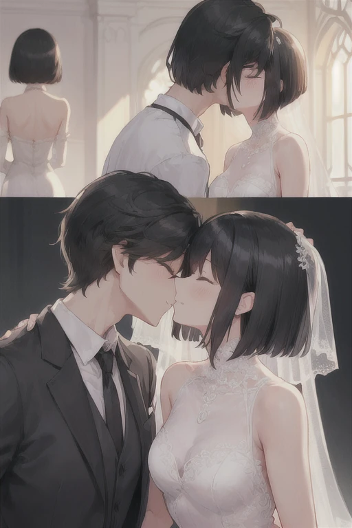 Boy in a white tuxedo ( short hair to be shoulderedー, black hair) is standing girl in a wedding dress( black hair, short hair to be shouldered, bob hair)Kiss, Smile ,  closed eyes, Red face, The background is a wedding hall 、 in a wedding dress with 