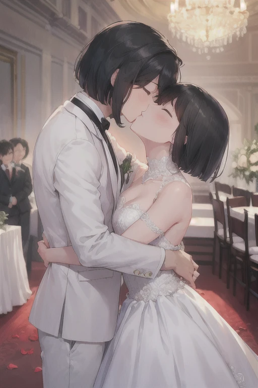 Boy in a white tuxedo ( short hair to be shoulderedー, black hair) is standing girl in a wedding dress( black hair, short hair to be shouldered, bob hair)Kiss, Smile ,  closed eyes, Red face, The background is a wedding hall 、 in a wedding dress with 