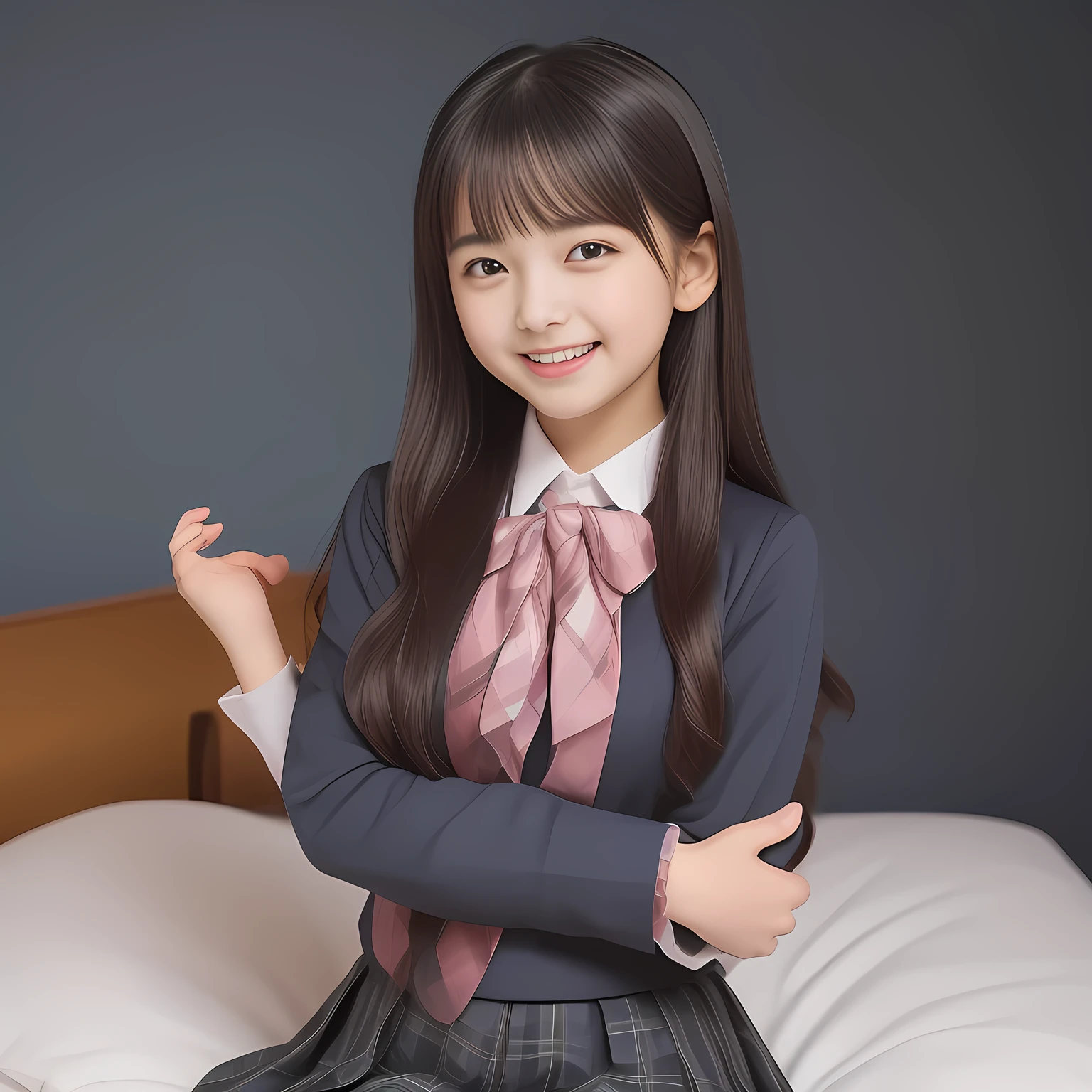 (highest quality、masterpiece:1.2)、highest quality、Realistic、photograph、High resolution、1080p、8K、Physical Rendering、((Height: 158cm)), two Japanese girls、((((((A *********** beautiful Japanese magazine fashion model is lying on her bed looking at the viewer)))))), , (((big very detailed beautiful dark brown eyes))), ((((laughing at me!)))), detailed fingers, (((curled blunt bangs))), ((Very large and cute eyes, carefully drawn with great attention to detail)), ((double eyelids)), (((long eyelashes))), ((cute lovely lovely laughing laughing cheeks)), ((The pure white light hits my nose and cheeks.、Her eyes and white facial skin shine beautifully white.)), (((((Her facial features are very expressive lovely smile, very sweet, very very sweet))))), (((Shooting from the side))), ((((impressive plain navy large school ribbon bow tie in plain)))), ((((black very beautiful and very very long braids)))), (((((blue and navy colored tartan checkered formal long pleated pleated skirt))))), (((A formal dark blue blazer in solid that is slightly oversized and with a golden emblem))), ((As elegant as a noble princess)), (((Pure white bedroom)))