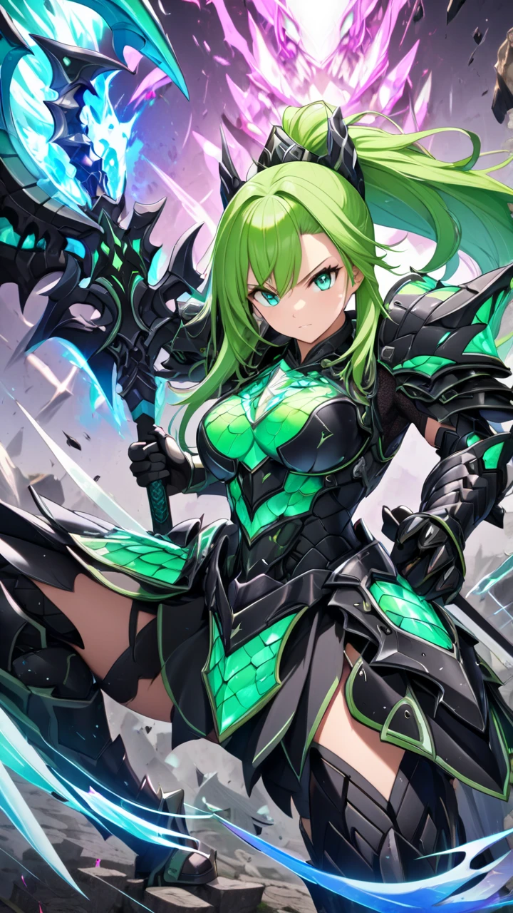 A Big  Thin Female green Dragon, Smiling, Perfect body, Perfect Face, Wind,, Detailed and Intrincicated, HD, dragon scales, dragon tail,  green hair, long hair, golden eyes, (scale armor), (full body), scales on leg, blue armor