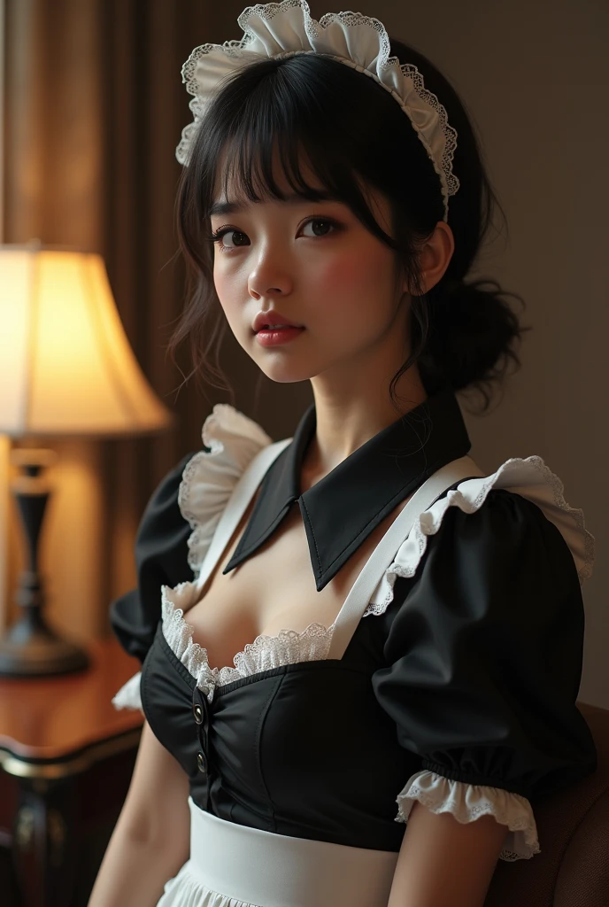 (Raw foto:1.2), ​masterpiece, in 8K, hight resolution, (Photorealsitic:1.4), cowboyshot, extremely detailed eye and face, beatiful detailed eyes, Realistic face, hight resolution, ighly detailed, top-quality, ​masterpiece,  ighly detailed,, magnifica, mansion, top-quality, 电影灯光,  poneyTail, Mole, a 20 yo woman, (ssmile:0.5),  Head dress, a black ribbon, puff sleeves, collars, a choker, Apron with detailed ruffles, Black Maid Costume, full back panties,