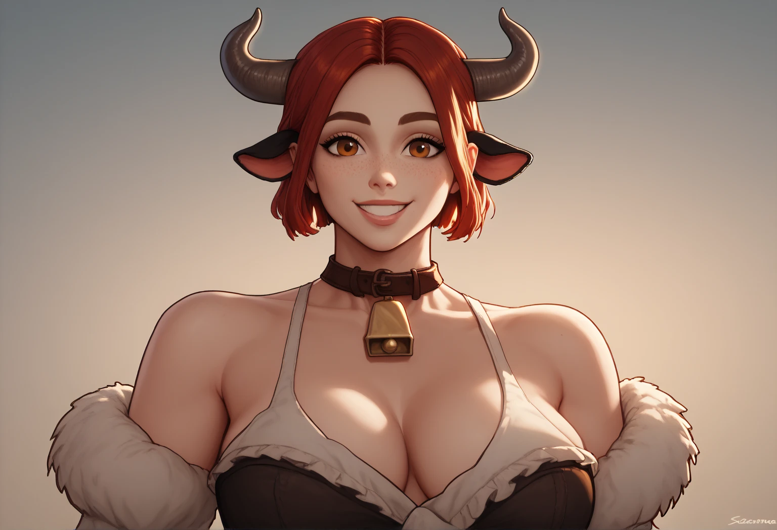 
highres, masterpiece, perfect lighting, bloom, cinematic lighting, adult, perfect skin, female, looking at viewer, cowboy shot, (RSEEmma:1.5), CWT,bell, cow_ears, cow_horns, cowbell,thick eyebrows, parted bangs, freckles, :), smile, 