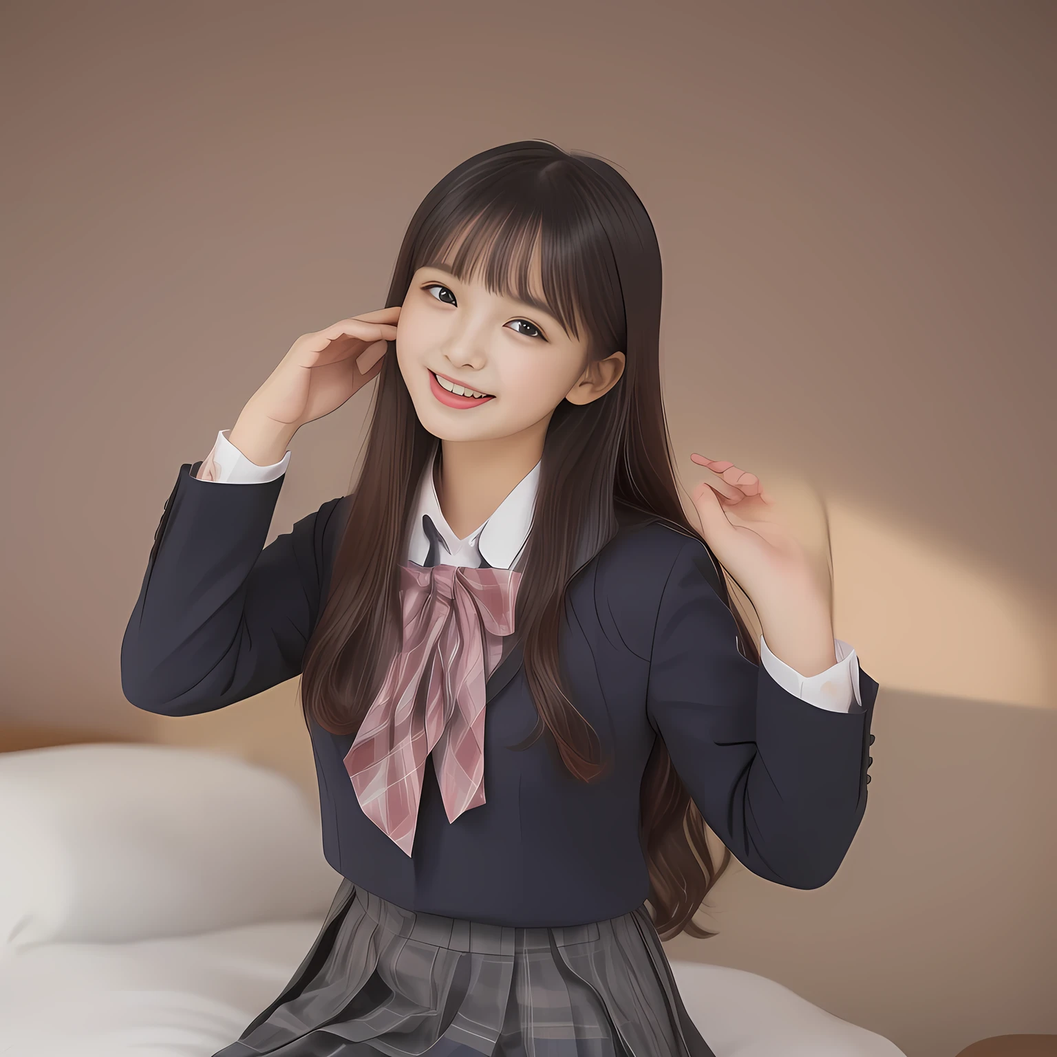 (Highest quality, masterpiece:1.2), Highest quality, High resolution, 1080P, 8k, clearly detailed, (Noble super-pretty long hair hair super-beautiful super-bewitching super-cute expensive school-uniform pretty slender 14yo-fashion-model of most-beautiful-school-uniform-girl-models photo-magazine in Japan, too beautiful aristocratic daughter is taking the viewer into the noble-royal-pink-girly-gorgeous-huge-soft-bed forcibly, laughing at the viewer, in supreme bliss, accepts the viewer's every desire: 2.0), (neat gorgeous school uniform of private high school in Japan. navy-school-blazer with gold-emblem, super-neat navy-blue-tartan-checkered blue-pleats-school-skirt, super-girly plain-red ribbon on the breast: 1.5), (bewitching expression, smile, lips, and pose to corrupt the viewer, everything is planned and prepared to corrupt the viewer into the allusion of love towards the girl: 1.2), (clearly detailed foreground focusing on girl's beauty and cuteness, gorgeous blue girly bed background of full-of-girls girly-heaven: 1.2), (extending her arms to the viewer like requesting hugging, calling out the name of the viewer loudly), (navy checkered school skirt), (full body shot)