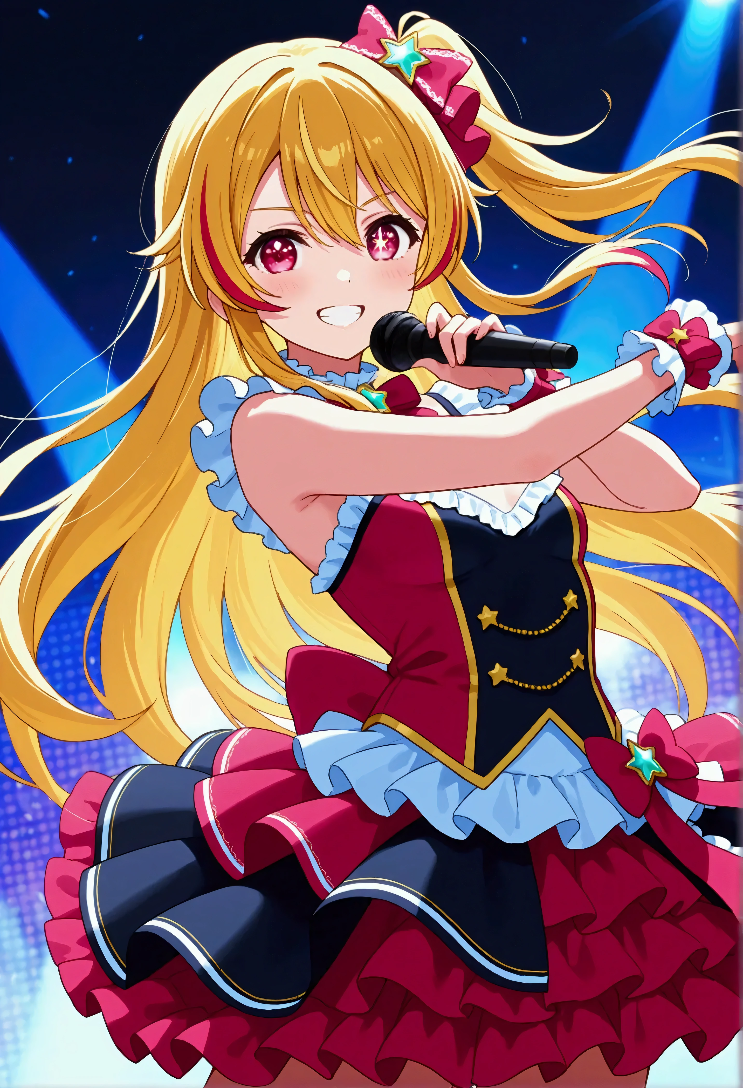 Idol live show, hoshinoruby, star-shaped pupils, ruby_hoshino, blonde very long hair, one side up, streaked hair, bangs, hair between eyes, pink and red eyes, finely detailed skin, small breasts, frilled idol costume, ruffled skirt, looking at viewer, singing, grin, eye tooth, dynamic dance pose, cowboy shot, (best quality, masterpiece, high quality, extremely detailed CG unity 8k wallpaper, intricate details),