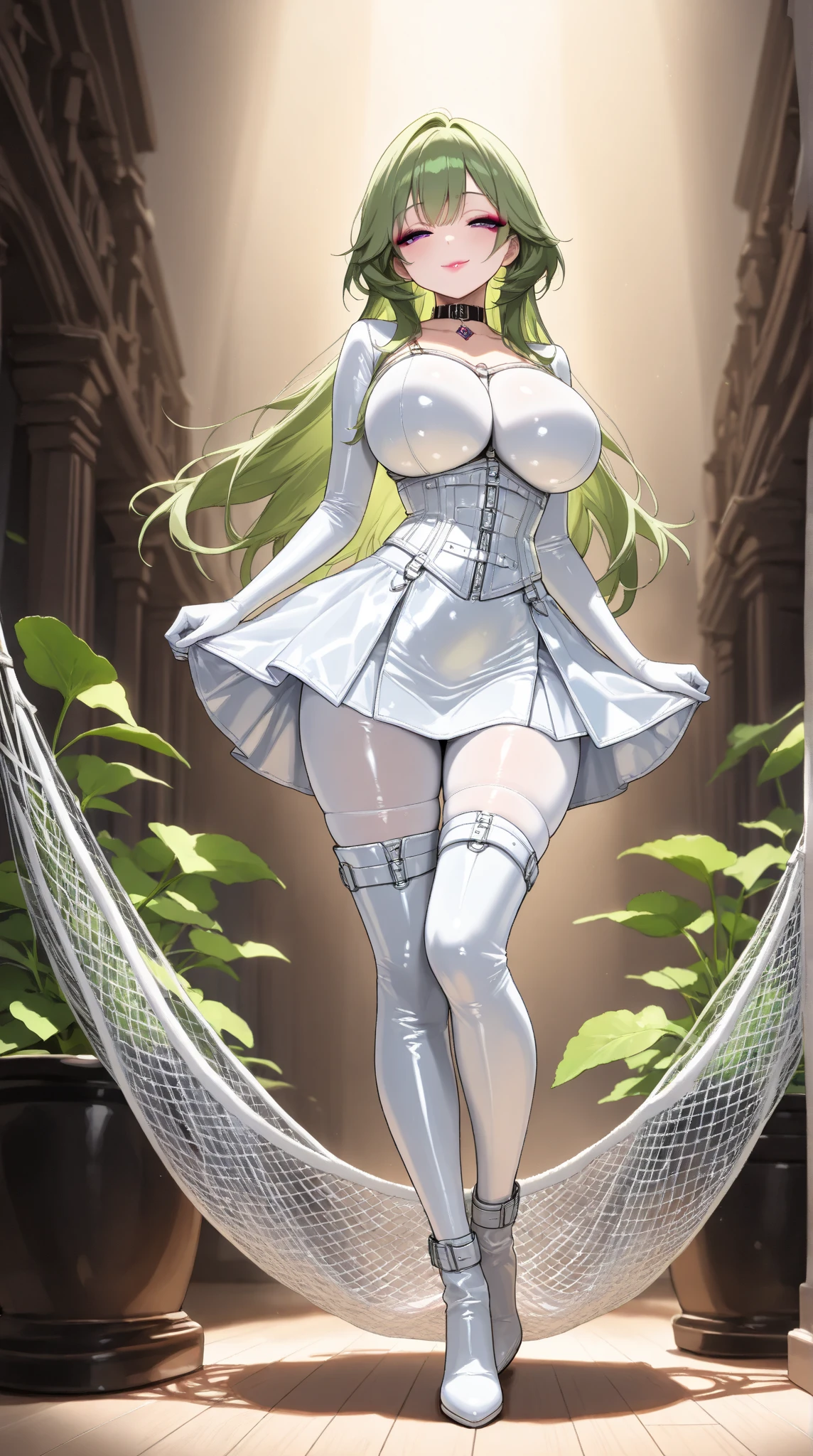  young beautiful woman in white radish motif outfit ,(masterpiece, top quality, very detailed depiction, Incredibly Absurd High Definition ),( shiny white bondage corset with intricate structure,White latex tight skirt , body net stockings, Long Grove , leather choker,White tights, leather thigh-high boots),(green hair like radish leaves ,Purple Eyes, half closed his eyes , bewitching smile ,Glossy lipstick,Heavy makeup, big breasts,High quality skin), full body image :1.3, Bright Atmosphere , dramatic lighting , model pose,