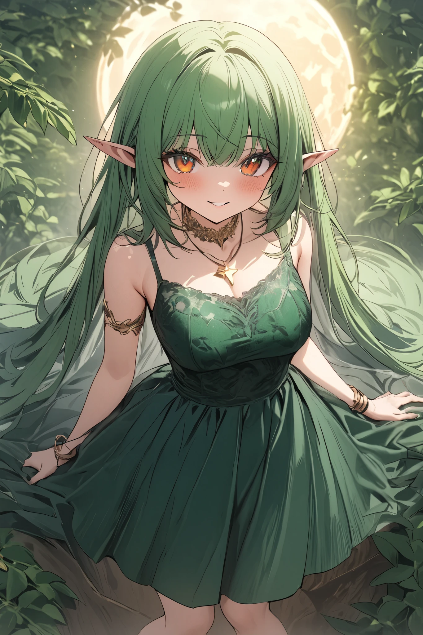(masterpiece:1.2), (best quality:1.2), (very aesthetic:1.2), (absurdres:1.2), (detailed background),newest, perfect anatomy,
1 cute girl,she is elf, looks like a girl about , 165cm tall, slender build, emerald green hair color, amber eyes, translucent white skin.
She wears a green silk blouse and a vest with an embroidered forest pattern on the upper body, a long dark green skirt on the lower body, leather boots on her feet, a moon-shaped pendant on her neck and a bracelet in the shape of a tree leaf on her arm.
In a village where houses have been built on trees in a sea of trees, she is perched on a large branch, small birds and animals are gathered around her.
She smiles gently and pats the small animals on her chest.from above, feet out of frame, soft lighting, cinematic,