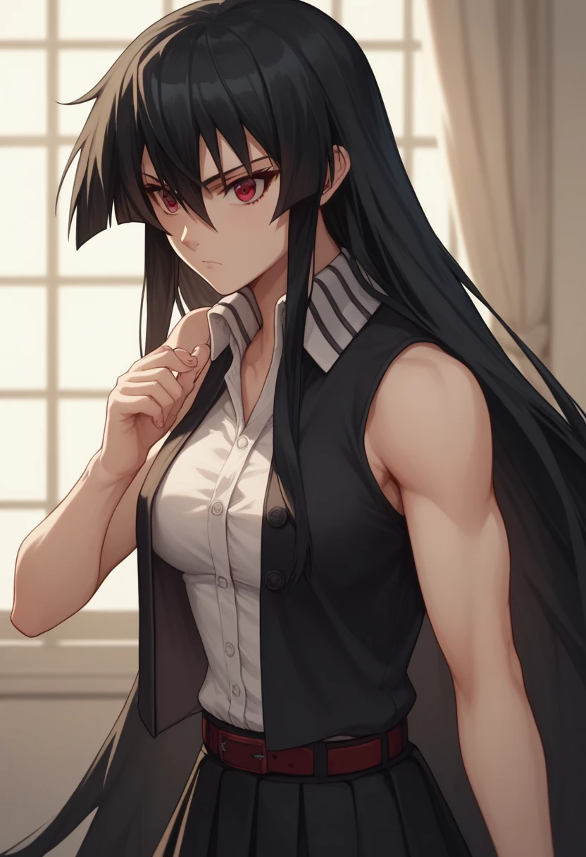 1girl,solo,akame, long hair, black hair, red eyes, hair between eyes,with piercings in both ears and a serious expression, a white formal blouse with one button unbuttoned and the sleeve of the blouse rolled up to the elbows, a black vest over it, a black skirt with a black belt on the side.