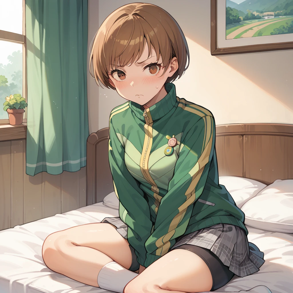 (masterpiece, best quality),(high resolution),(detailed),(((anime style))),solo, 1girl, chiedef, brown hair, short hair, brown eyes, green track jacket, badges, gray skirt, bike shorts, white socks,displeased face,blush,bedroom,
