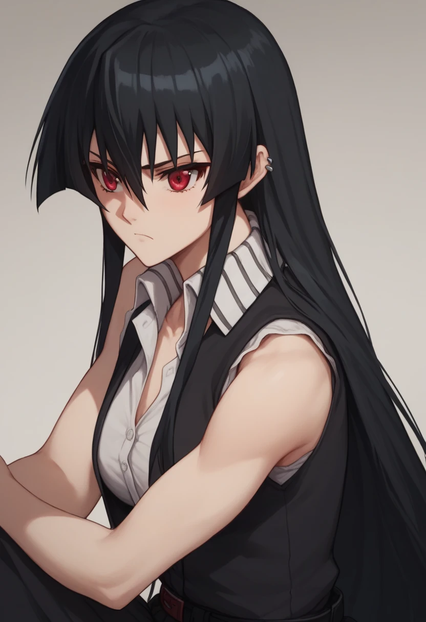 1girl,solo,akame, long hair, black hair, red eyes, hair between eyes,with piercings in both ears and a serious expression, a white formal blouse with one button unbuttoned and the sleeve of the blouse rolled up to the elbows, a black vest over it, a black skirt with a black belt on the side.