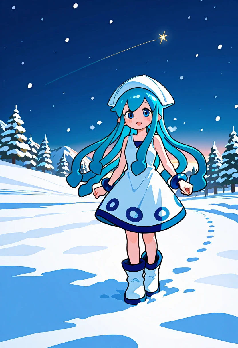   1 girl ,   white dress,  Blue Hair,   blue eyes,   Blue Bracelets , Squid Hat,   tentacle hair  , Blue Trim for Clothes  ,  christmas eve、Snowy Outdoors 、tree々 Lights Decorated on the Scene {x}、 Walking in the Snow 