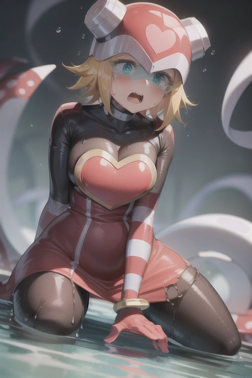 harpnote_megamansf, 1girl, blonde hair, short hair, bodysuit, heart, (helmet), green eyes, looking behind, crying, high quality, sad, masterpiece, torn clothes, bodysuit, breasts, large hips, concerned, tears, boobs out, thicc, torn clothes, slime all over, tentacles, open mouth, exposed breasts, defeated, perky breasts, cut clothes, ripped clothes, weak, belly button, tight clothes, torn bodysuit, transparent clothes, Thicc, raining, surrounded, trapped, imprisoned, tentacles grab leg, wet, wet clothes, captured, pantyhose, sewer, raining, side boob, penetration , surrounded by tentacles, tentacle penetration, penetrate, dead eyes, pantyhose, agony, tears, bound, skirt, slimy tentacles, sticky tentacles, side view, tentacle touches, tentacles grabbing, restraining, looking at viewer, held down, white water, on all fours, impregnated, impregnation, pregnant, short skirt, belly inflation, white floor, round belly, 
