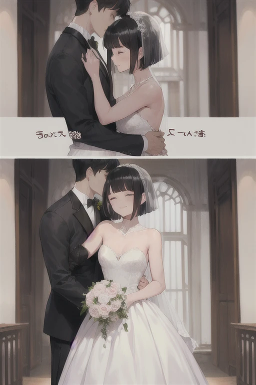 Boy in a white tuxedo ( short hair to be shoulderedー, black hair) is standing girl in a wedding dress( black hair, short hair to be shouldered, bob hair)Kiss, Smile ,  closed eyes, Red face, The background is a wedding hall 、 in a wedding dress with 