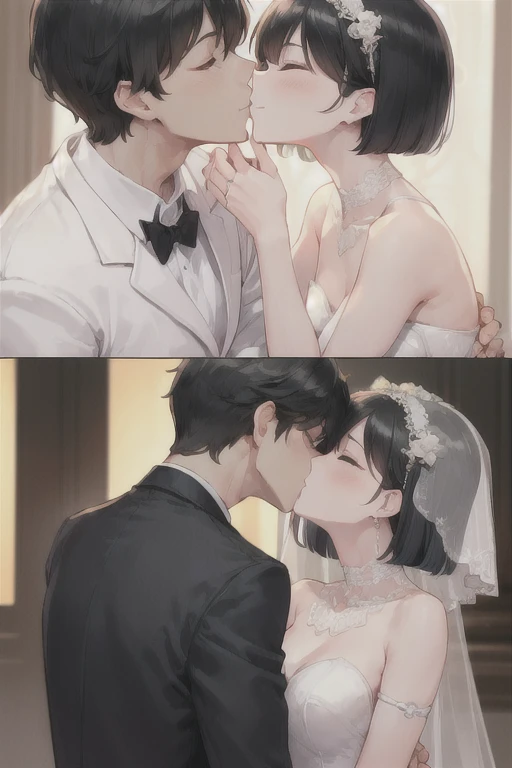 Boy in a white tuxedo ( short hair to be shoulderedー, black hair) is standing girl in a wedding dress( black hair, short hair to be shouldered, bob hair)Kiss, Smile ,  closed eyes, Red face, The background is a wedding hall 、 in a wedding dress with 