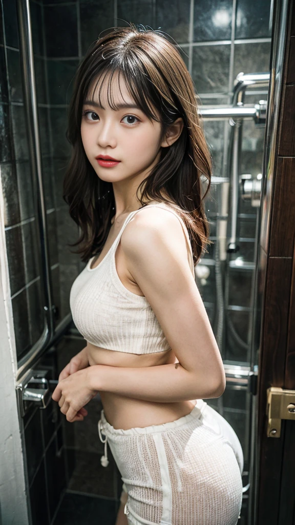 ,top-quality、hight resolution、ultra-detailliert、masterpiece、Raw photography、realisitic、Photorealistic, Very delicate and beautiful、finely detail、Textured skin、in hotel 、Japanese、22 years old woman 、(((A woman wearing a white ribbed knit camisole)))、Please show me that woman'skirt and pink panties,Detailed panties,Detailed ruffled panties display 、tall、Brown hair,short wavy hair,Sweat,Wet skin,((1boy)), Beautiful, masutepiece, Best Quality, extra detailed face,Perfect Lighting,, ((())), , 8K UHD, Digital SLR, Soft lighting, High quality,Detailed skin、voyeurism