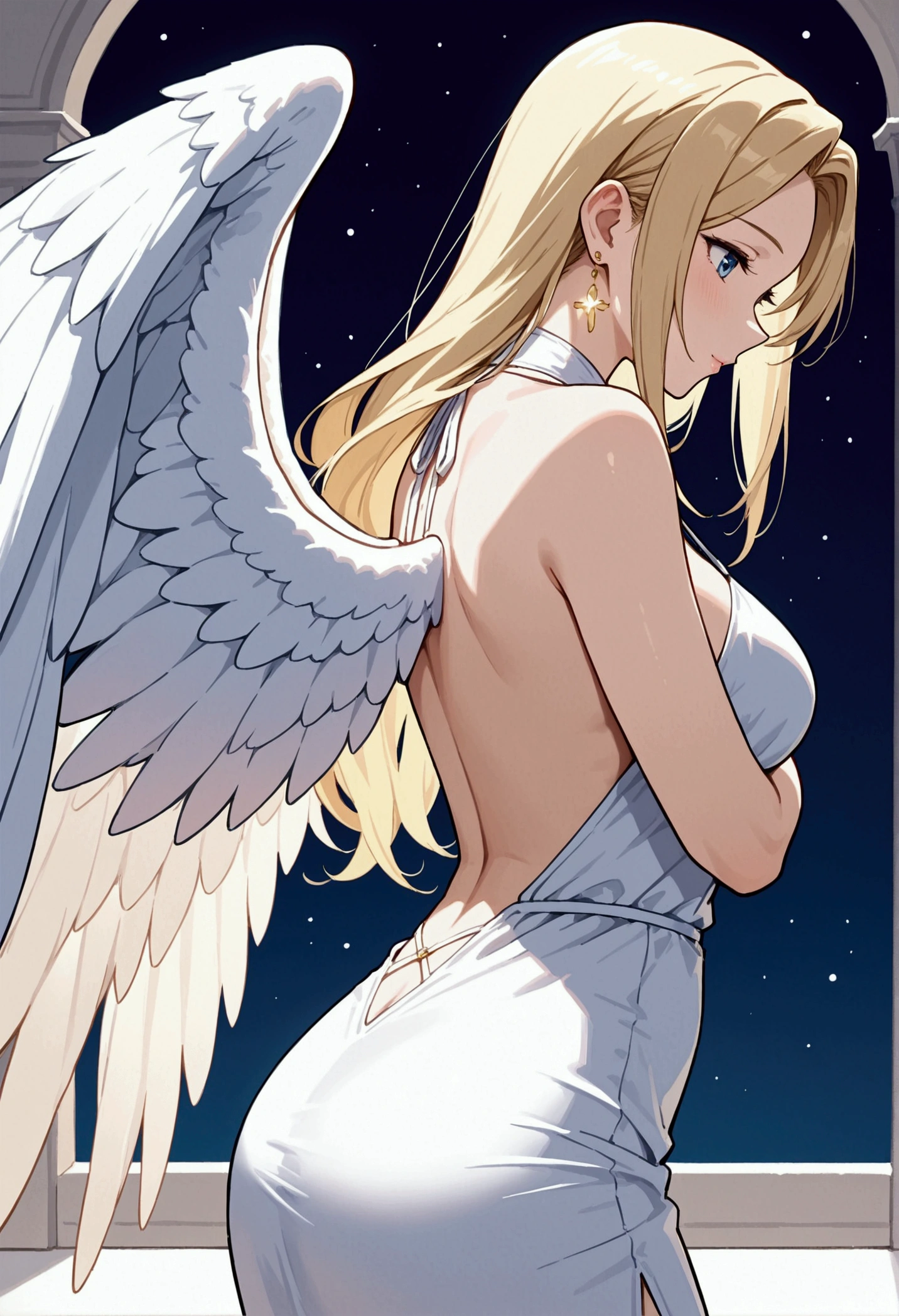 A blonde haired, blue eyed, lady with 6 angel wings coming from her back.