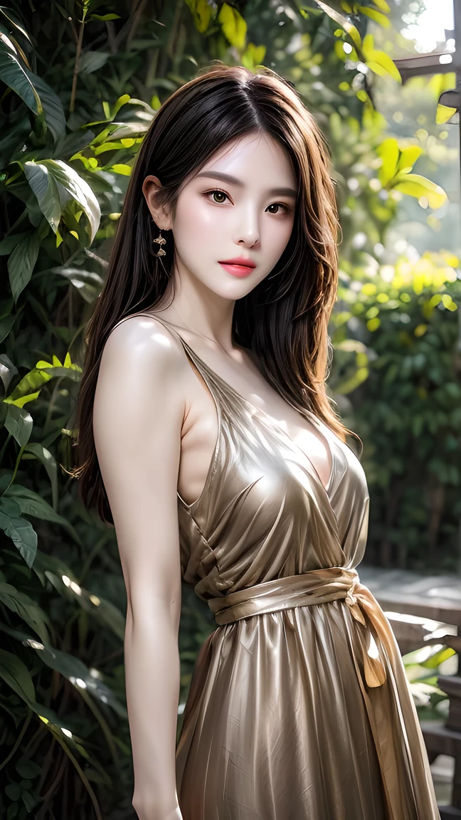 Araffe asian woman in a gold dress posing for a picture - SeaArt AI