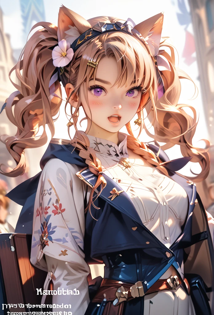  high definition ,  long hair,  blush,  smiles,  open her mouth ,  twin tails,  braids , Cat ears,  purple eyes,  Cowboy Shots,  Dutch angle ,  accessories,  headband,  hair clip,  hair flower ,  Glitter Effects,  blur background in front of shield, masterpiece, best quality, ultra detailed, hyper detailed, Full-HD, highres, beautiful, realistic photo, photorealistic, realism, 3D render