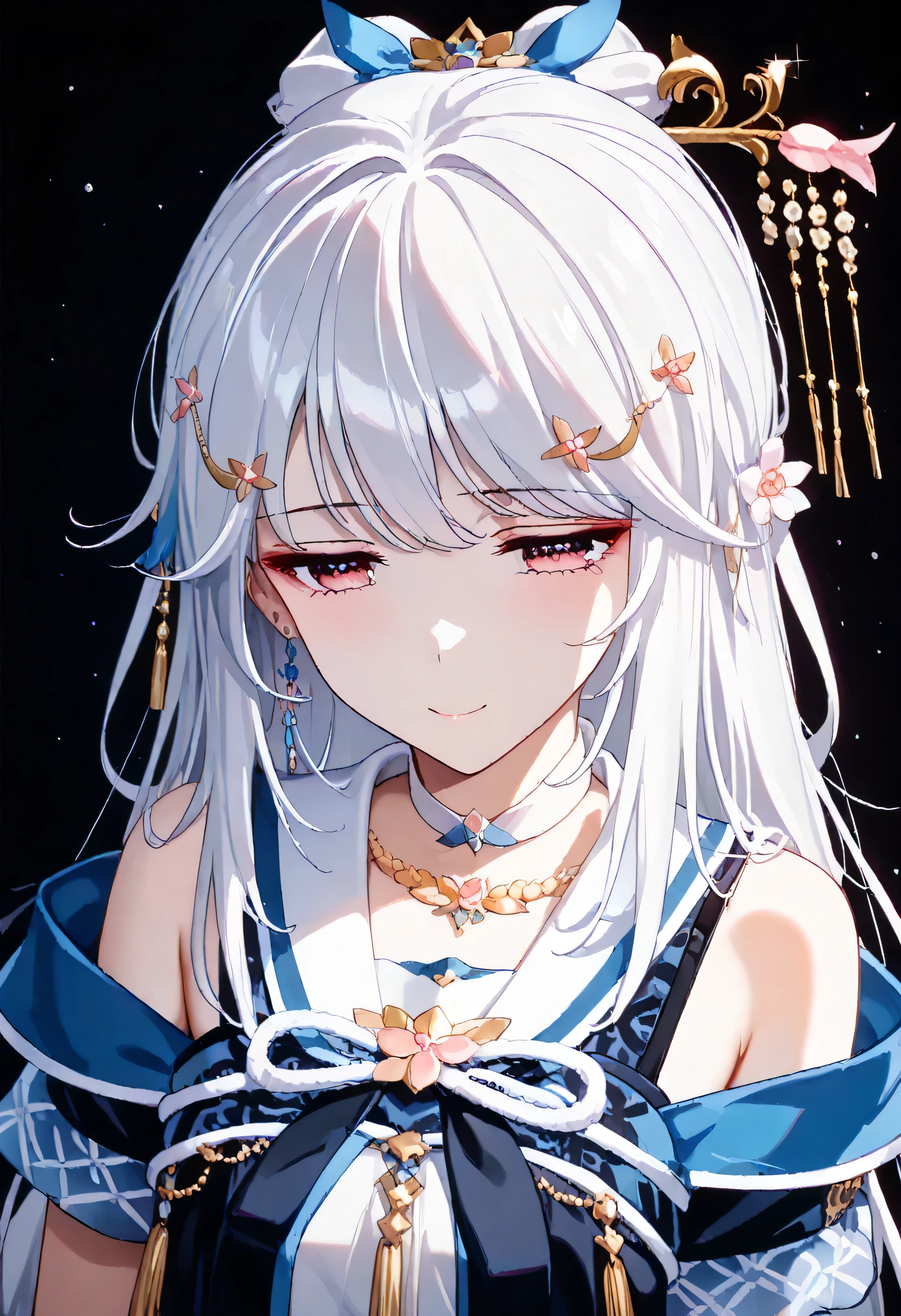 UN\(EOE\),one girl,solo,best quality, masterpiece,score_9, score_8_up, score_7_up, score_6_up, score_5_up, score_4_up ,,break,1girl,(dark background), (shaded Lighting),,break, incredibly_absurdres, ,very high resolution, very aesthetic,by famous artist, 8k, 16k,,beauty illustration,photoshop_(small),,(pink eyes:1.2),(white hair|Detailed hair|long hair|hairpin|hair tidy up|knot top),(blue and white school uniform,white collar,bare shoulders),(sleepy, depressed,smile,jitome),dilated pupils, empty eyes,one mole under eye,intense angle, f/16, Canon,upper body