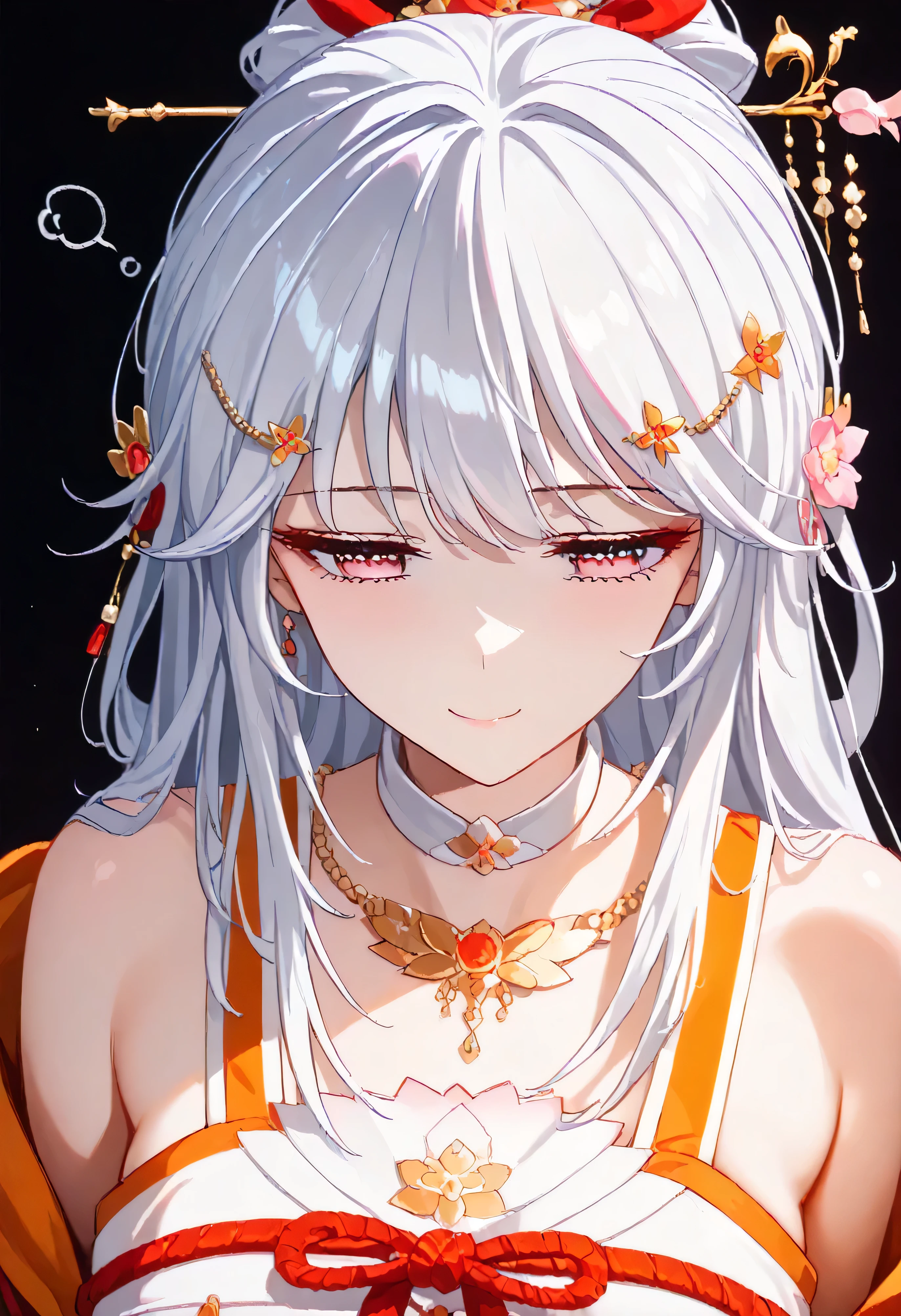 UN\(EOE\),one girl,solo,best quality, masterpiece,score_9, score_8_up, score_7_up, score_6_up, score_5_up, score_4_up ,,break,1girl,(dark background), (shaded Lighting),,break, incredibly_absurdres, ,very high resolution, very aesthetic,by famous artist, 8k, 16k,,beauty illustration,photoshop_(small),,(pink eyes:1.2),(white hair|Detailed hair|long hair|hairpin|hair tidy up|knot top),(red and orange school uniform,white collar,bare shoulders),(sleepy, depressed,smile,jitome),dilated pupils, empty eyes,one mole under eye,intense angle, f/16, Canon,upper body