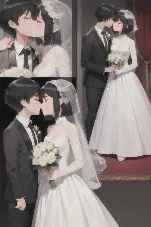 Boy in a white tuxedo ( short hair to be shoulderedー, black hair) is standing girl in a wedding dress( black hair, short hair to be shouldered, bob hair)Kiss, Smile ,  closed eyes, Red face, The background is a wedding hall 、 in a wedding dress with 