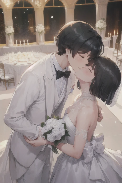 Boy in a white tuxedo ( short hair to be shoulderedー, black hair) is standing girl in a wedding dress( black hair, short hair to be shouldered, bob hair)Kiss, Smile ,  closed eyes, Red face, The background is a wedding hall 、 in a wedding dress with 