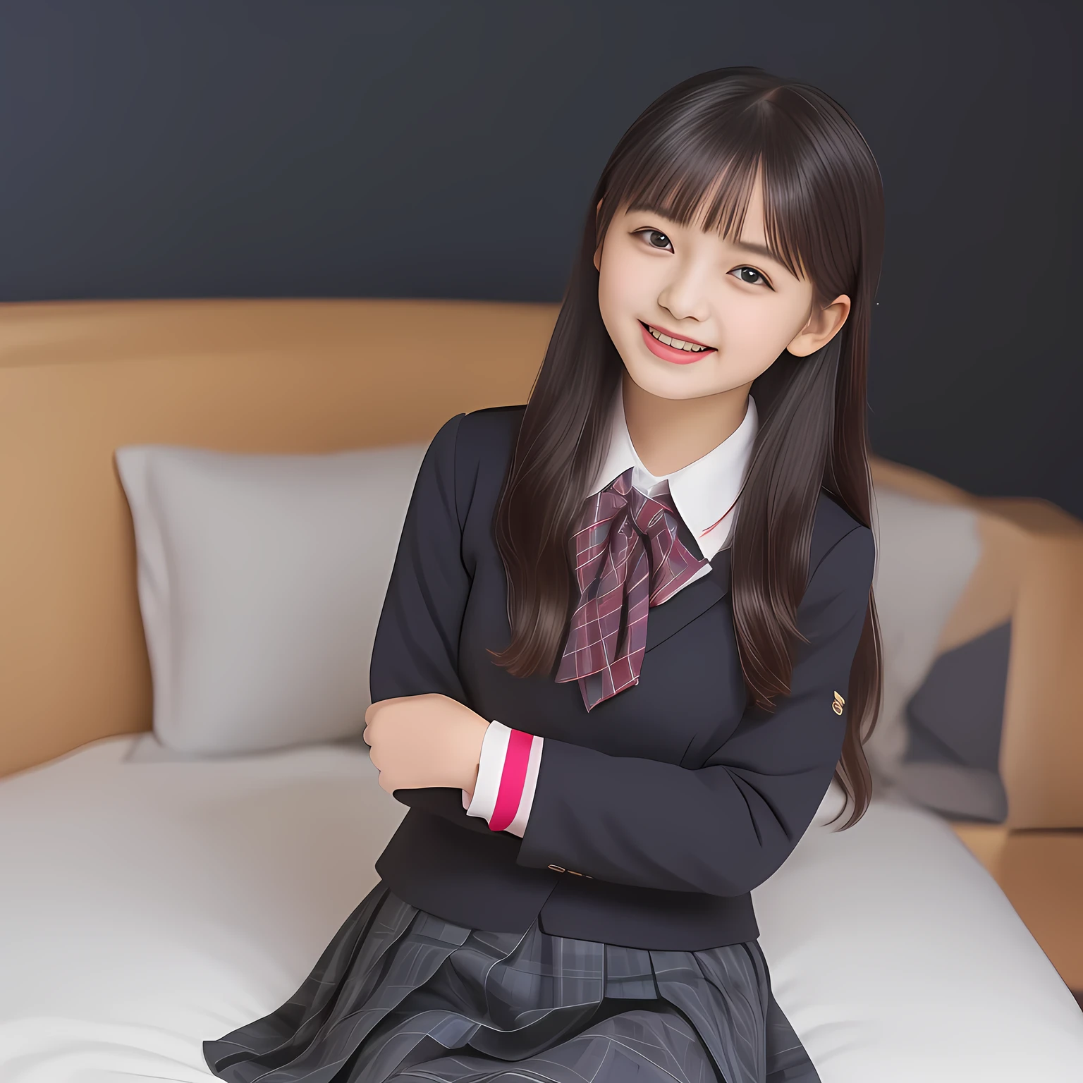 (Highest quality, masterpiece:1.2), Highest quality, High resolution, 1080P, 8k, clearly detailed, (Noble super-pretty long hair hair super-beautiful super-bewitching super-cute expensive school-uniform pretty slender 14yo-fashion-model of most-beautiful-school-uniform-girl-models photo-magazine in Japan, too beautiful aristocratic daughter is taking the viewer into the noble-royal-pink-girly-gorgeous-huge-soft-bed forcibly, laughing at the viewer, in supreme bliss, accepts the viewer's every desire: 2.0), (neat gorgeous school uniform of private high school in Japan. navy-school-blazer with gold-emblem, super-neat navy-blue-tartan-checkered blue-pleats-school-skirt, super-girly plain-red ribbon on the breast: 1.5), (bewitching expression, smile, lips, and pose to corrupt the viewer, everything is planned and prepared to corrupt the viewer into the allusion of love towards the girl: 1.2), (clearly detailed foreground focusing on girl's beauty and cuteness, gorgeous blue girly bed background of full-of-girls girly-heaven: 1.2), (extending her arms to the viewer like requesting hugging, calling out the name of the viewer loudly), (navy checkered school skirt), (full body shot)