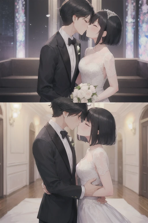 Boy in a white tuxedo ( short hair to be shoulderedー, black hair) is standing girl in a wedding dress( black hair, short hair to be shouldered, bob hair)Kiss, Smile ,  closed eyes, Red face, The background is a wedding hall 、 in a wedding dress with 