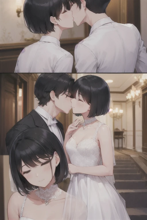 Boy in a white tuxedo ( short hair to be shoulderedー, black hair) is standing girl in a wedding dress( black hair, short hair to be shouldered, bob hair)Kiss, Smile ,  closed eyes, Red face, The background is a wedding hall 、 in a wedding dress with 