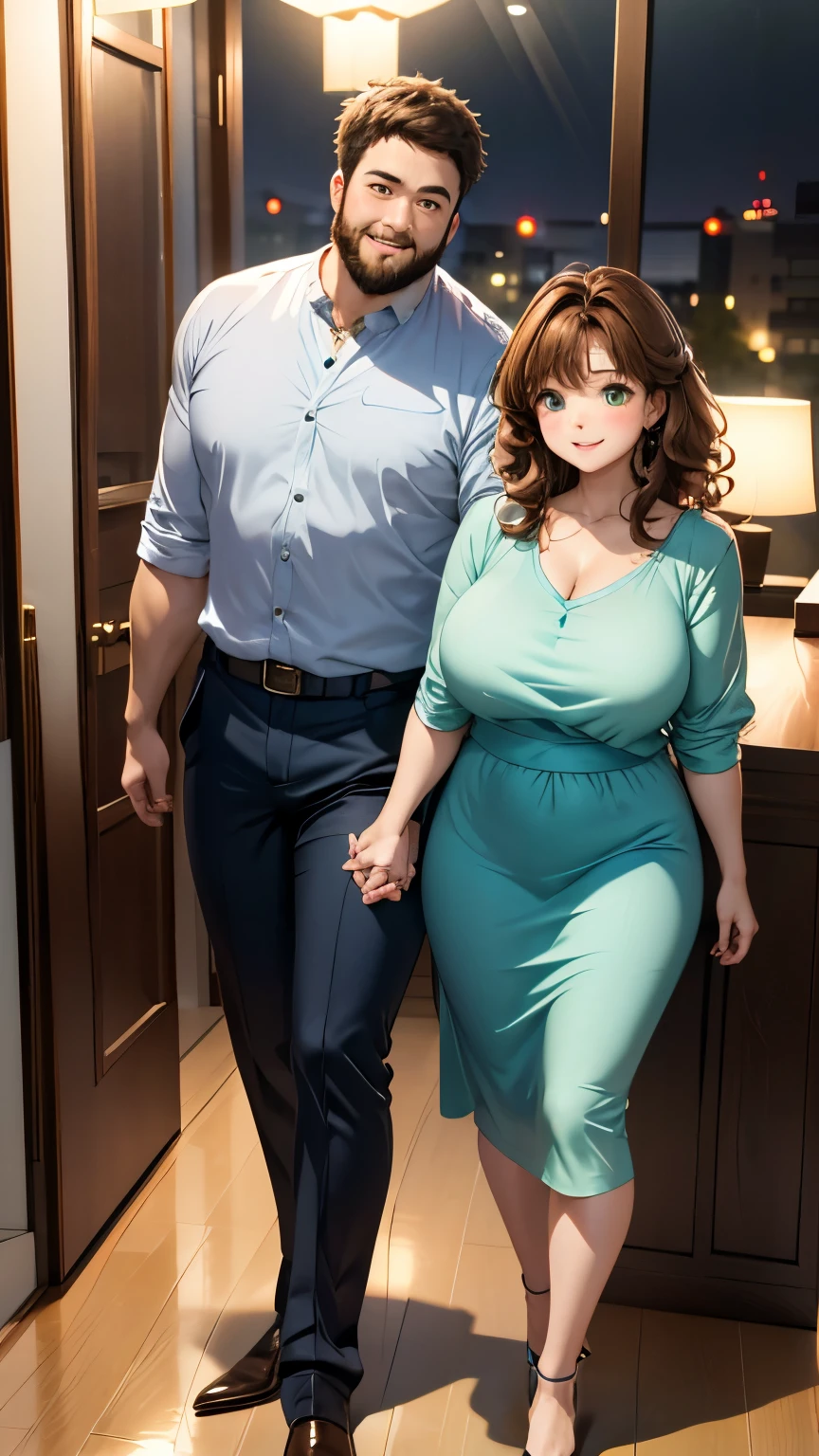  full body shot image of a Pixar-like couple 。 the wife is in front 、 is wearing a green shirt 。 she has curly light brown hair 、The skin is white、a little chubby。 the husband behind her has white skin 、 the hair is gray 、The beard is shaved 、 wearing a white shirt and blue jacket。 they are smiling and looking away 。