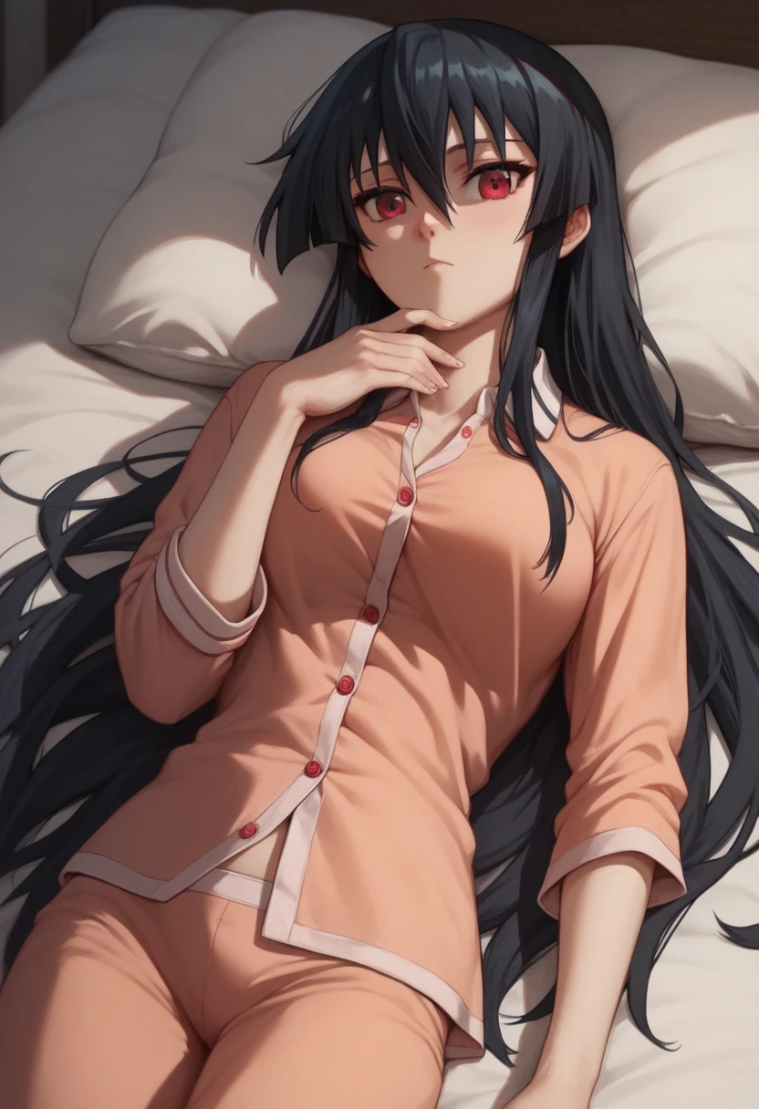 1girl,solo,akame, long hair, black hair, red eyes, hair between eyes,Wear pajamas,lying on back, on bed, in the room 