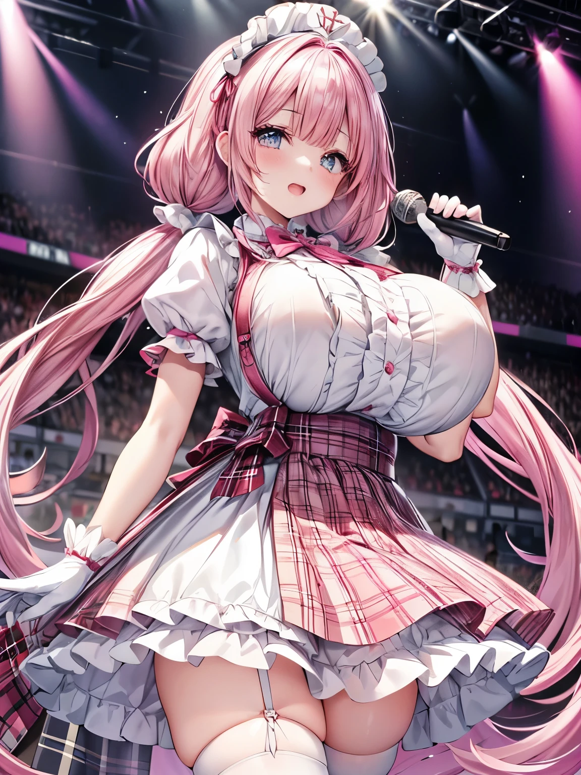 pink hair,  Low twin tails, hair ribbon, hairpin, Blue eyes,, large breasts, live stage, , solo nipple