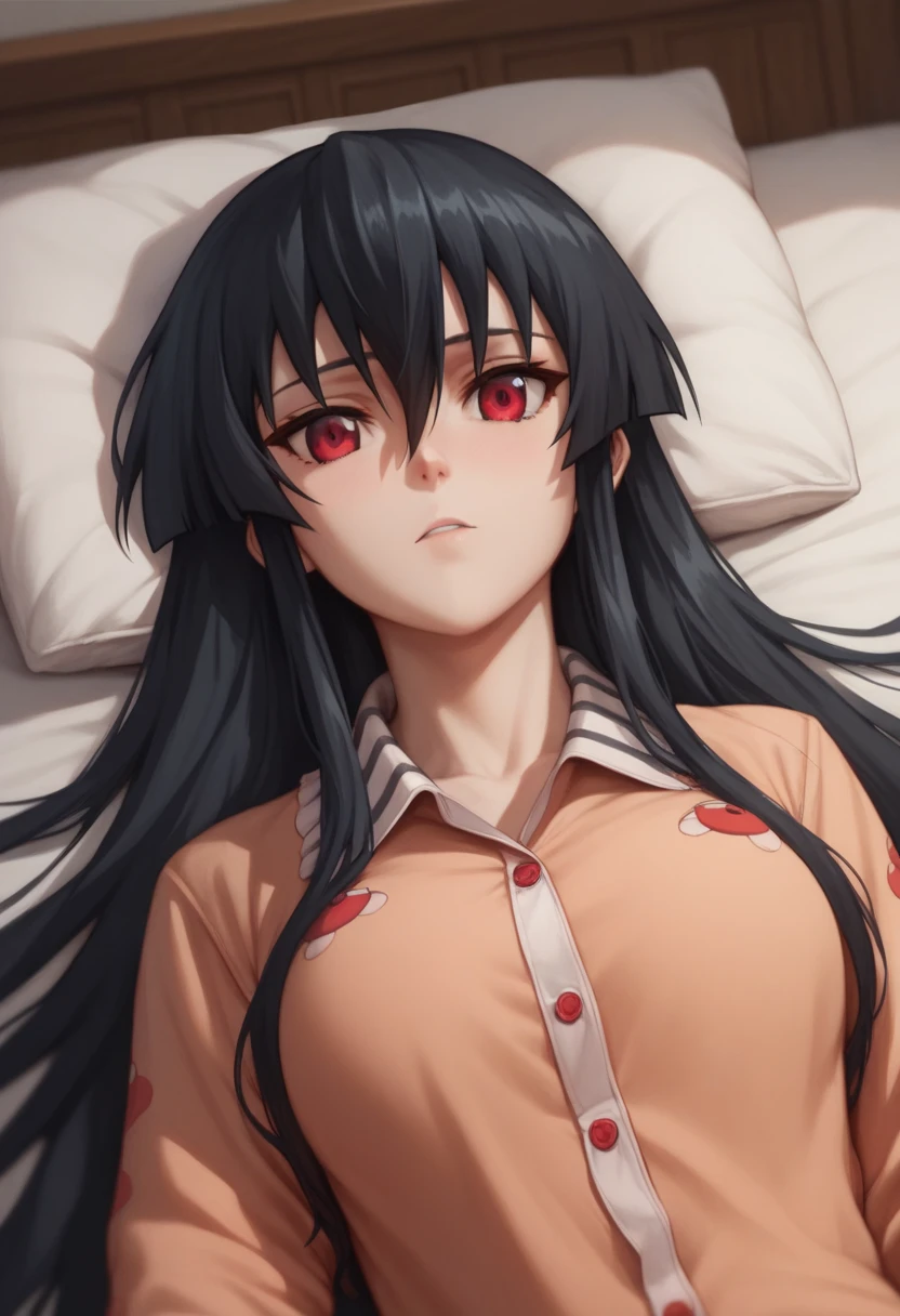 1girl,solo,akame, long hair, black hair, red eyes, hair between eyes,Wear pajamas,lying on back, on bed, in the room 