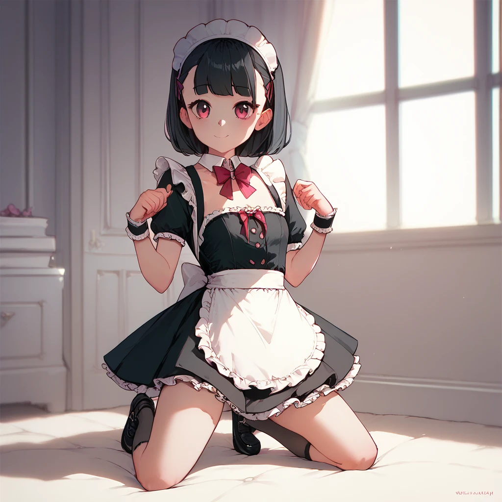 Black long-haired loli, wearing a maid outfit, kneeling, legs and five fingers, more flesh, cute two-dimensional, background backlit HD  