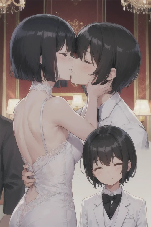 Boy in a white tuxedo ( short hair to be shoulderedー, black hair) standing alone( black hair, short hair to be shouldered, bob hair)Kiss, Smile ,  closed eyes, Red face, The background is a wedding hall 、 in a wedding dress with 