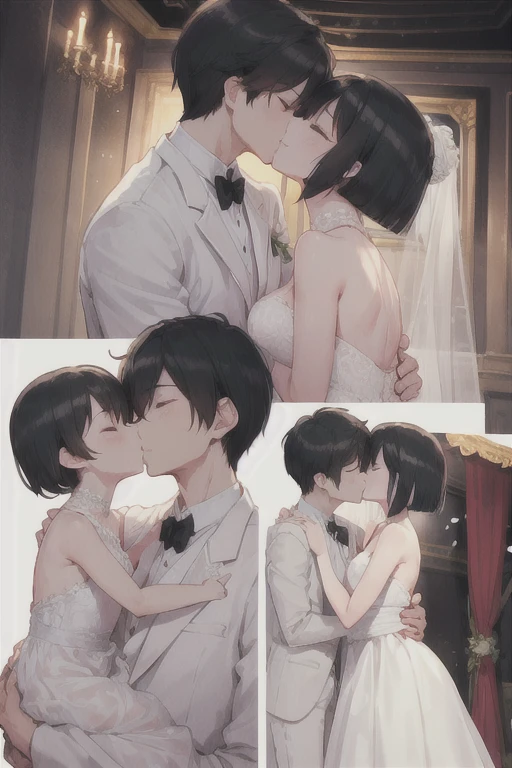 Boy in a white tuxedo ( short hair to be shoulderedー, black hair) standing alone( black hair, short hair to be shouldered, bob hair)Kiss, Smile ,  closed eyes, Red face, The background is a wedding hall 、 in a wedding dress with 