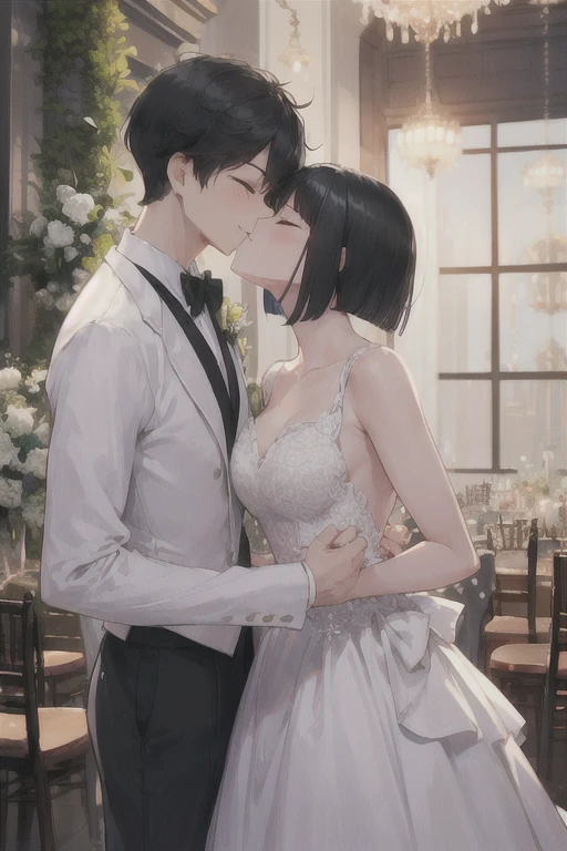 Boy in a white tuxedo ( short hair to be shoulderedー, black hair) standing alone( black hair, short hair to be shouldered, bob hair)Kiss, Smile ,  closed eyes, Red face, The background is a wedding hall 、 in a wedding dress with 