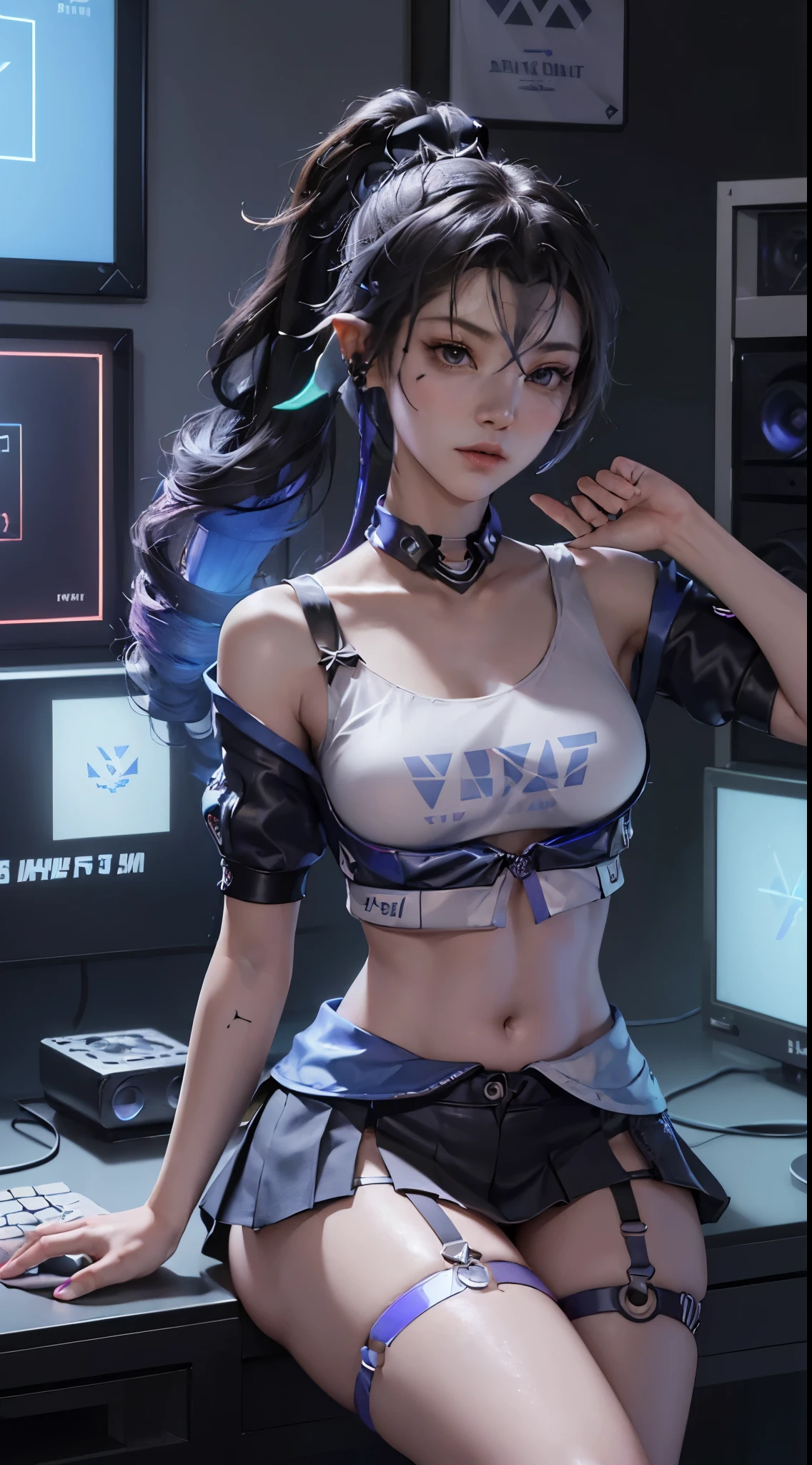 (((((7 avatar shot)))), Silver Wolf, Masterpiece, Best Quality, Ultra Detailed, Extremely Detailed 16k CG Wallpaper, Beautiful Face, (Silver Wolf in Esports Room), (Perfect Beautiful Curved Figure), Seated, Rainbow Color Jewel Eyes, Wearing Resin Hologram Sports Bra, Crop Top Drape, Mini Pleated Skirt, Bell Collar, Logo, Impotence, Contour Light, Concert, Neon Sign, Audio, Bell Collar, Esports Headset, Computer, Esports Room, Play Games, White Interior Through Red Skin, holographic projection, flat sphere, graffiti logo, highly detailed tattoo_,
Authoring information