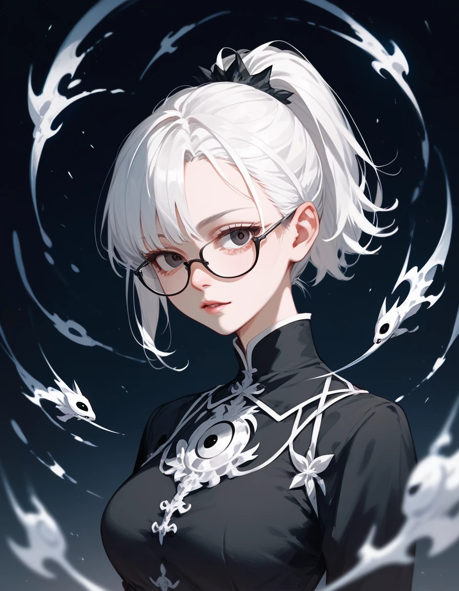 elder sister, thin, Short hair,White hair mixed with black,   wearing glasses  ,  Medium Breasts ,  White Long Sleeve Blouse With Black Trim,In a completely black eye ,Sharp eyes ,, short ponytail ,cool, Black Robe ,