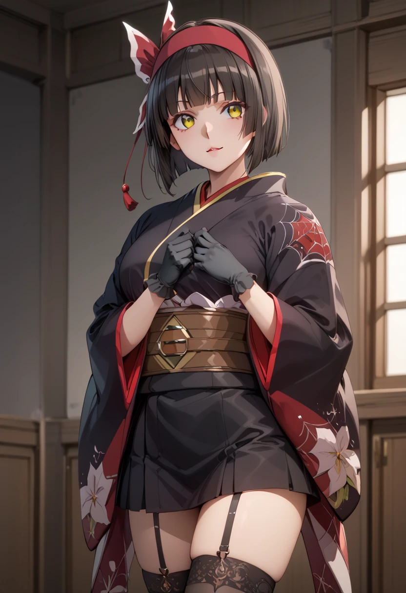 Tsukimio ( headband、kimono、band、Black gloves( yellow eyes、 black hair( If you need it, you don't need it)、whole body、((Christmas course))、(( Santa costume))、(( kimono))、Bright red clothes, Background Illuminations、 Max Image、4K、8k、whole bodyを撮る、短いkimono、 black stockings 、Reception Area 、Thighs