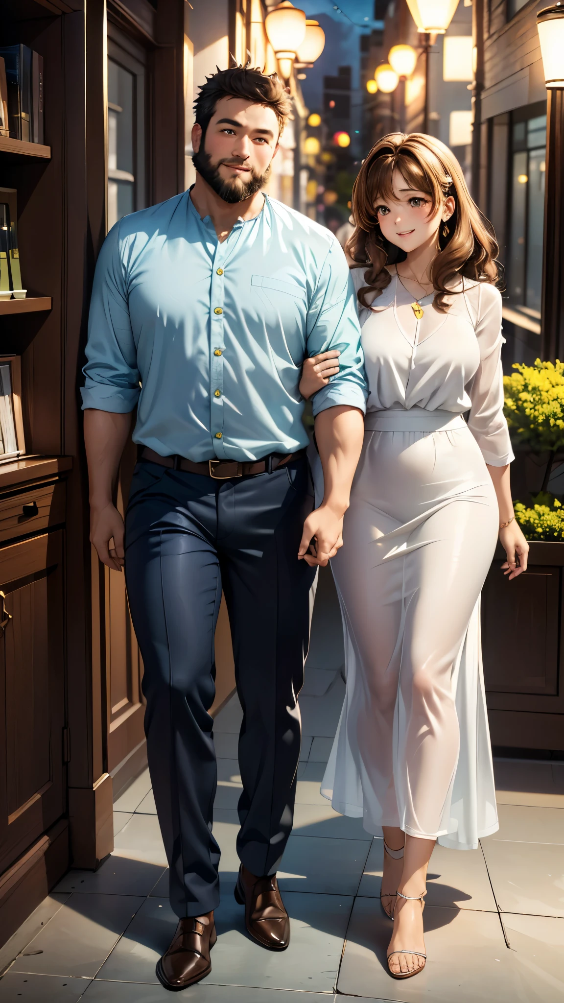  full body shot image of a Pixar-like couple 。 the wife is in front 、 is wearing a green shirt 。 she has curly light brown hair 、The skin is white、a little chubby。 the husband behind her has white skin 、 the hair is gray 、The beard is shaved 、 wearing a white shirt and blue jacket。 they are smiling and looking away 。