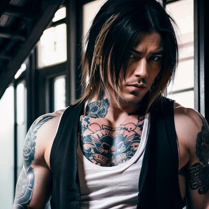 1 man, Japanese man, male, Asian eyes, muscular, broad shoulders, yakuza tattoos, hairstyle Visual Kei style, hair Visual Kei, black men's shirt and black pants, ultra detailed face, hyperrealistic, realistic representation, long hair, long hair, 30 years old, age 30 years, blonde hair