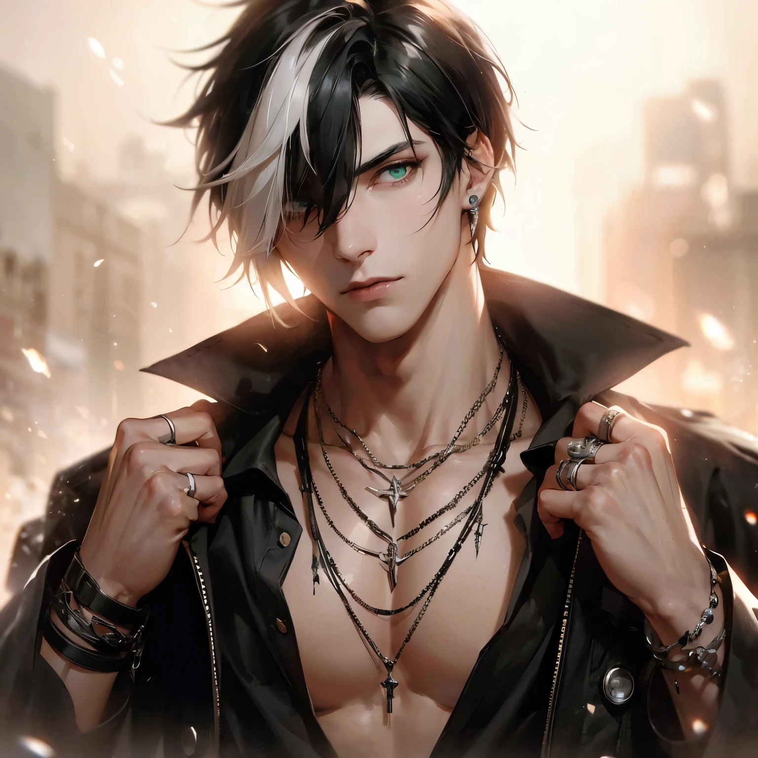 A fierce young man stands confidently, his intense gaze piercing through the viewer. He sports a stylish punk look, complete with a spiked leather jacket, layered necklaces, and a cross earring. His muscular physique is highlighted by a cropped tank top, revealing his chiseled abs. The background is a vibrant explosion of colors, adding to the dynamic and rebellious vibe of the scene.
