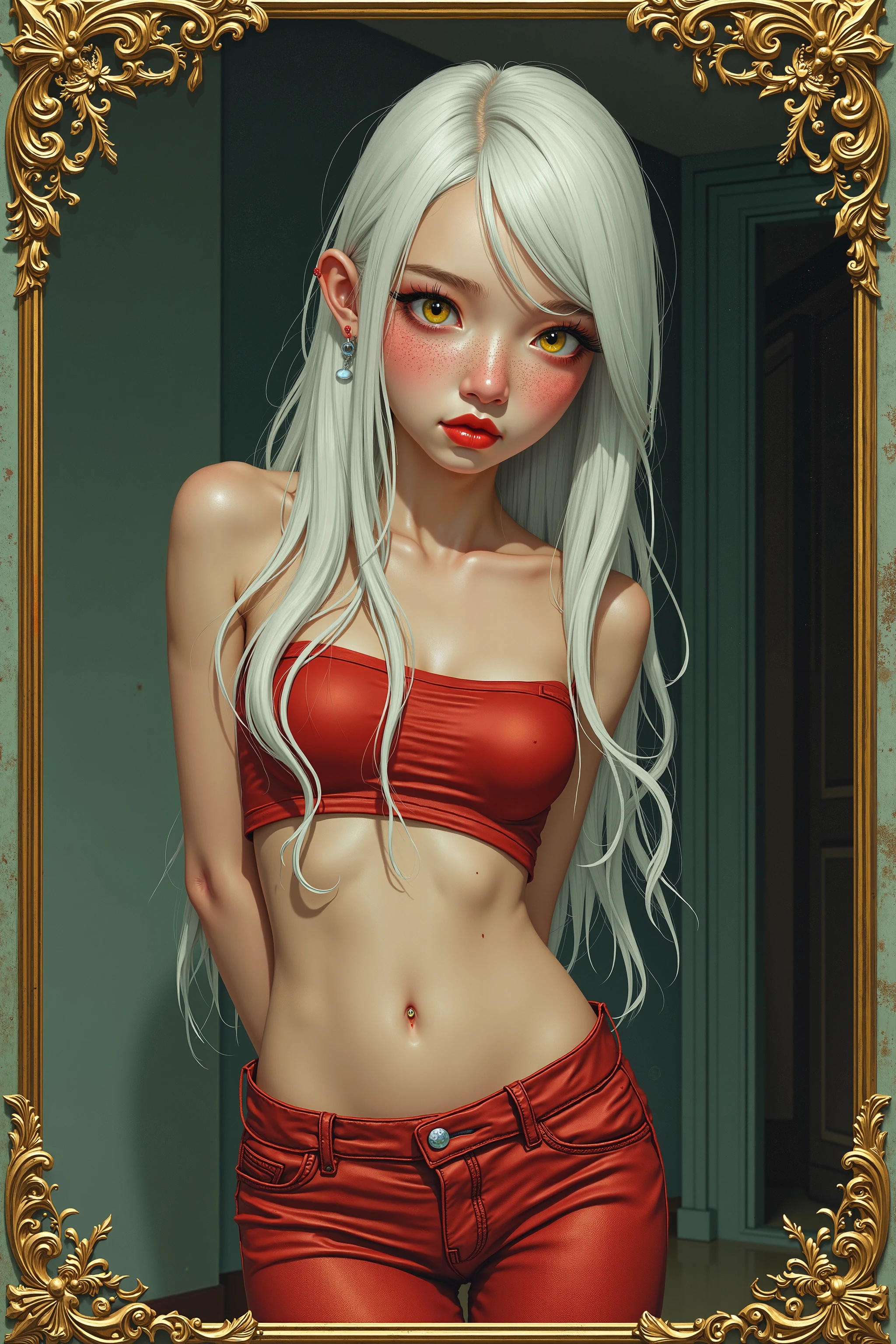 moody lighting, cute girl, (platinum hair), ((very long curly hair)), perfect face, innocent smile, (red eyes), (naked), (petite), (slender), ((flat chest)), ((21 years old)), skindentation, extreme detail, attractive oval face, red lips, pink nipples, glossy skin, detailed hair, face focus, close-up chest, ornamental gold necklace, gold earrings, ((1 girl)), (stockings), embarrassed expression,