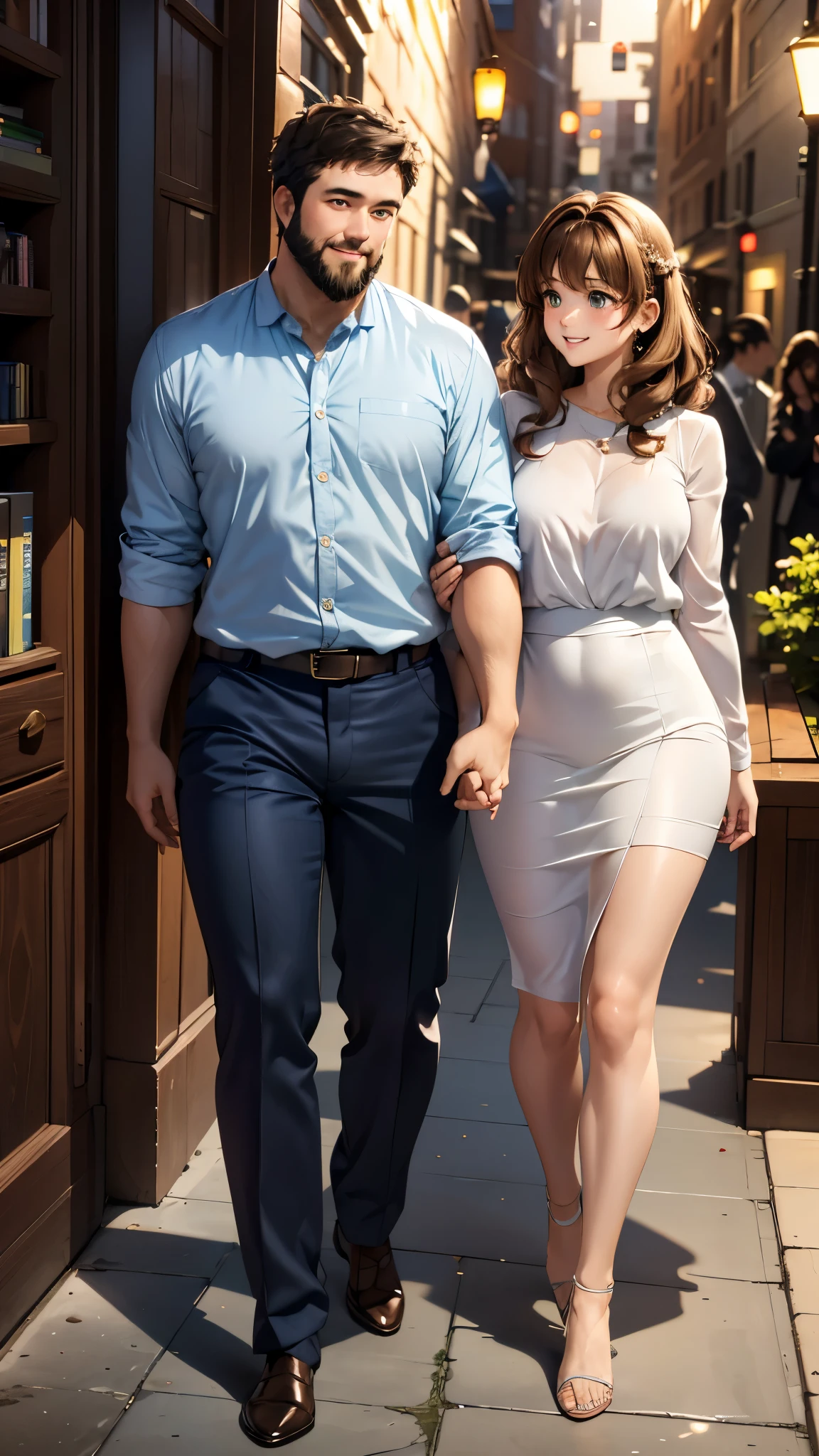  full body shot image of a Pixar-like couple 。 the wife is in front 、 is wearing a green shirt 。 she has curly light brown hair 、The skin is white、a little chubby。 the husband behind her has white skin 、 the hair is gray 、The beard is shaved 、 wearing a white shirt and blue jacket。 they are smiling and looking away 。